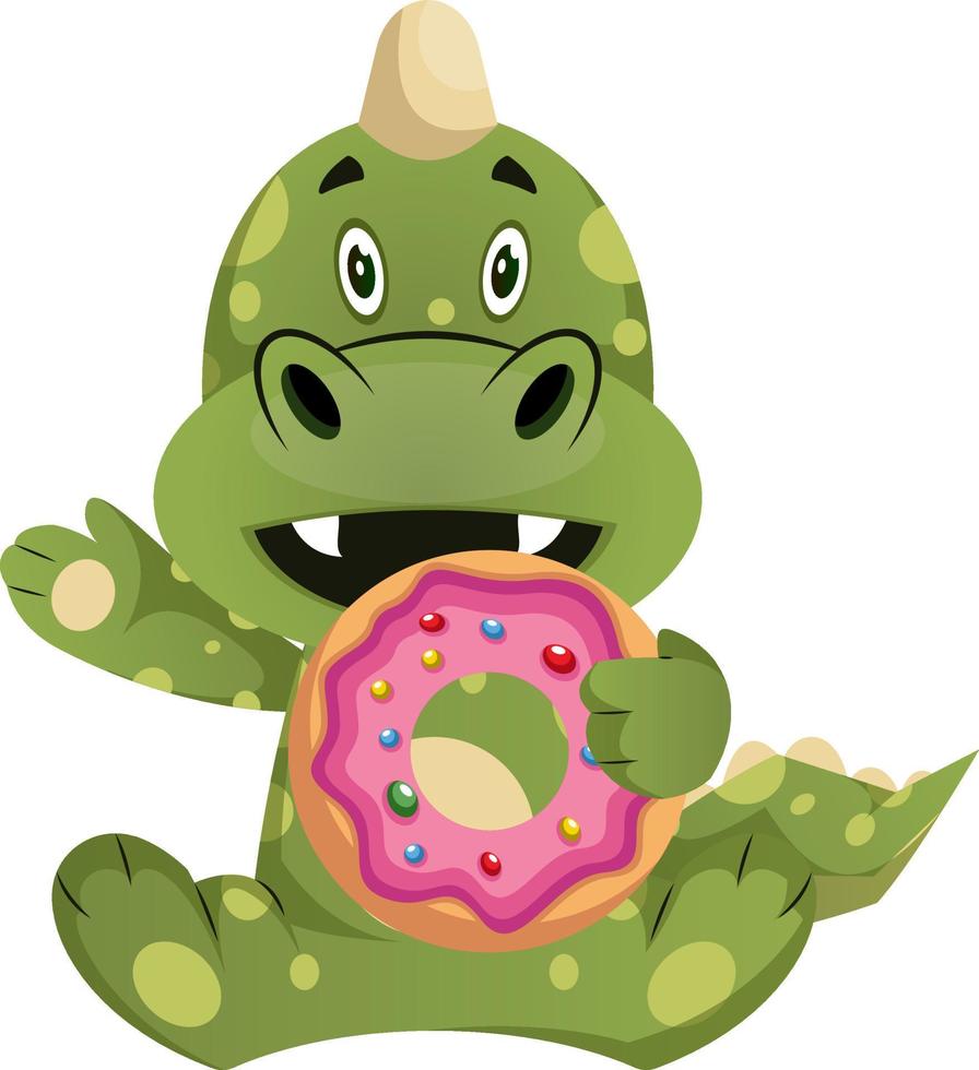 Green dragon is eating donut, illustration, vector on white background.