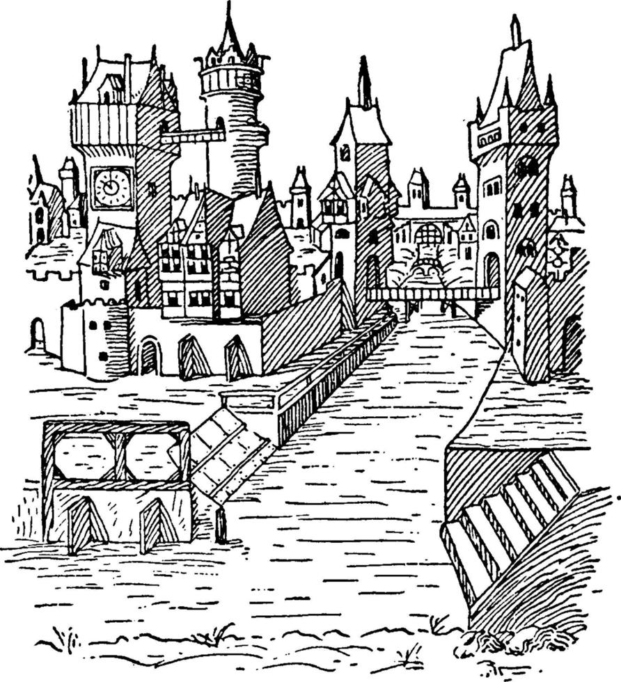 Medieval Town, vintage illustration vector