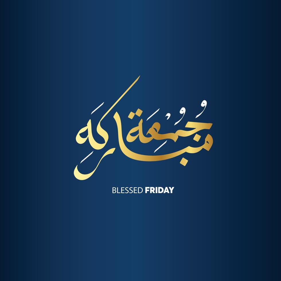Jumma Mubarak with arabic calligraphy, translation blessed friday, islamic art with golden color and blue background vector