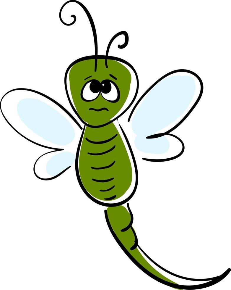 Sad green dragonfly, illustration, vector on white background.