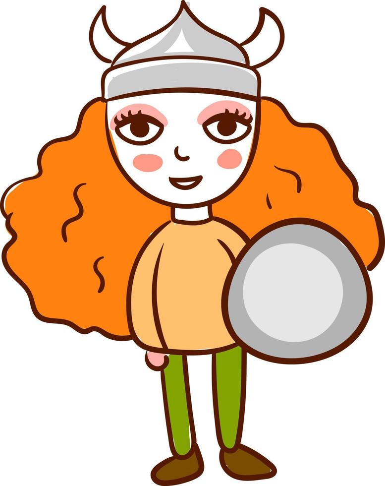 Viking girl with shield, illustration, vector on white background