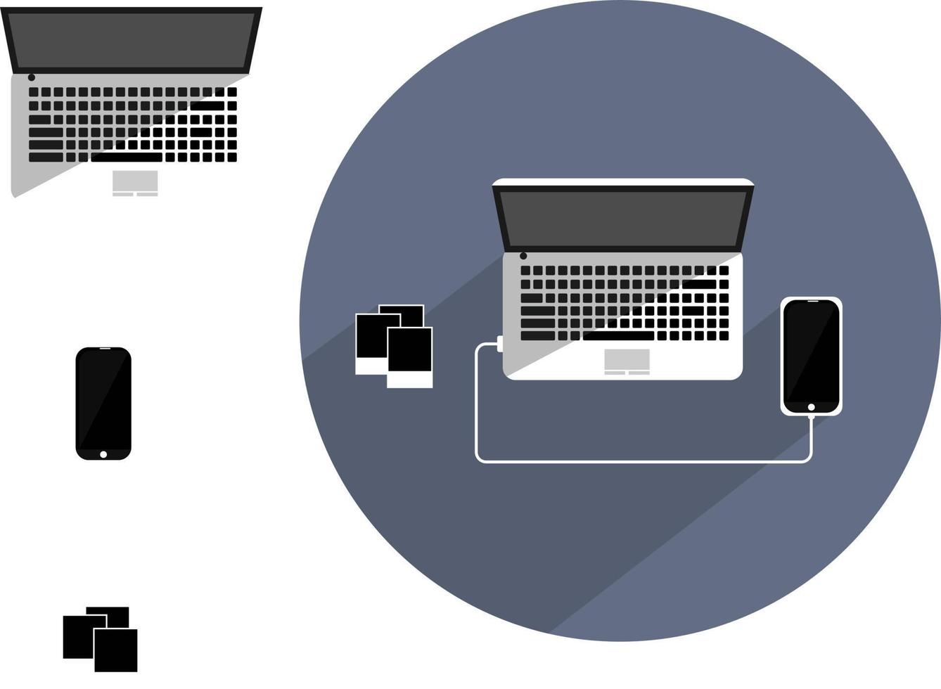 portátil conectado a un teléfono, ilustración, vector sobre fondo blanco.