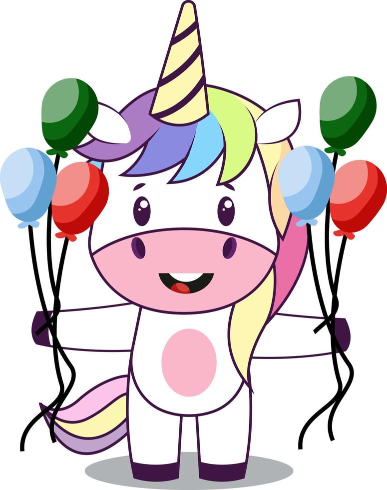 Unicornio con globos, ilustración, vector sobre fondo blanco.