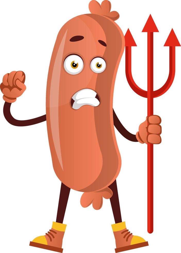 Sausage with devil spear, illustration, vector on white background.