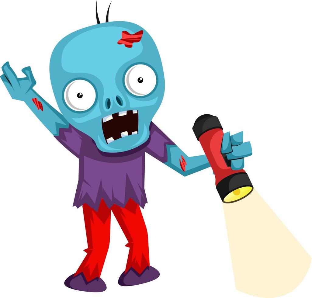 Zombie with flashlight, illustration, vector on white background.