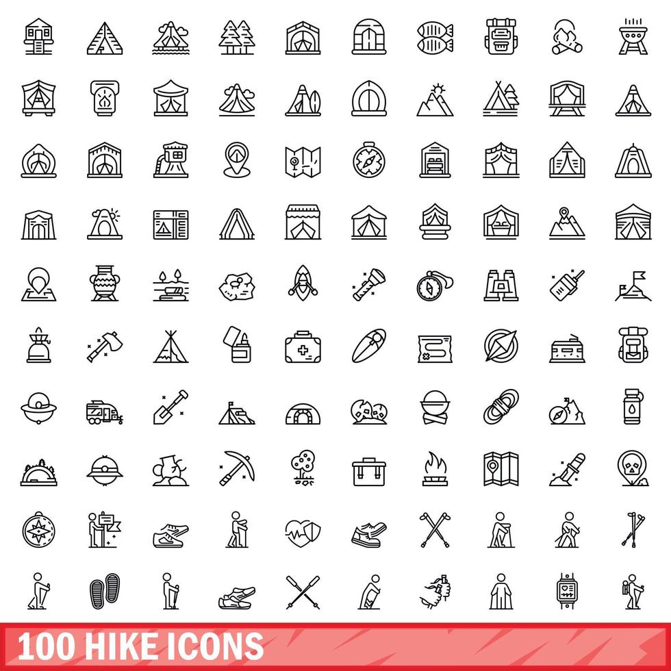 100 iconos de caminata establecidos, estilo de esquema vector