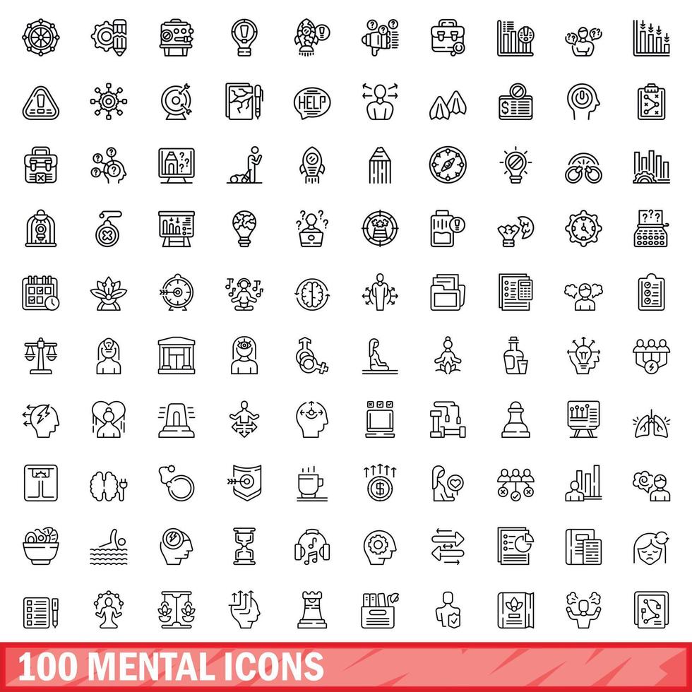 100 mental icons set, outline style vector