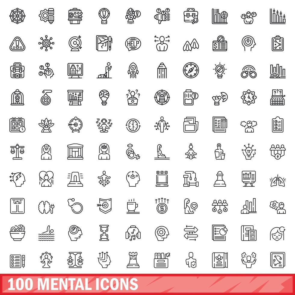 100 mental icons set, outline style vector