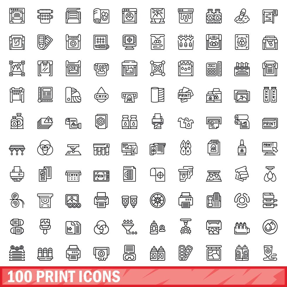 100 iconos de impresión establecidos, estilo de esquema vector