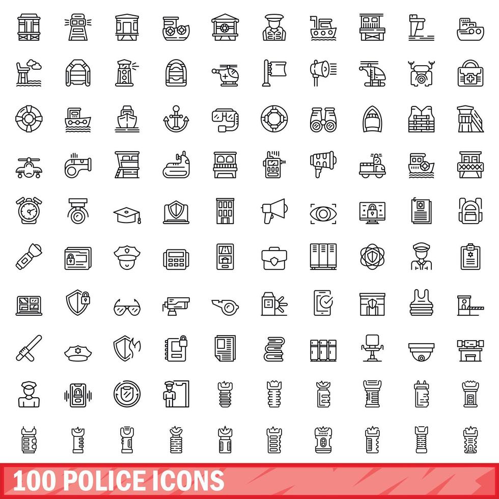 100 police icons set, outline style vector
