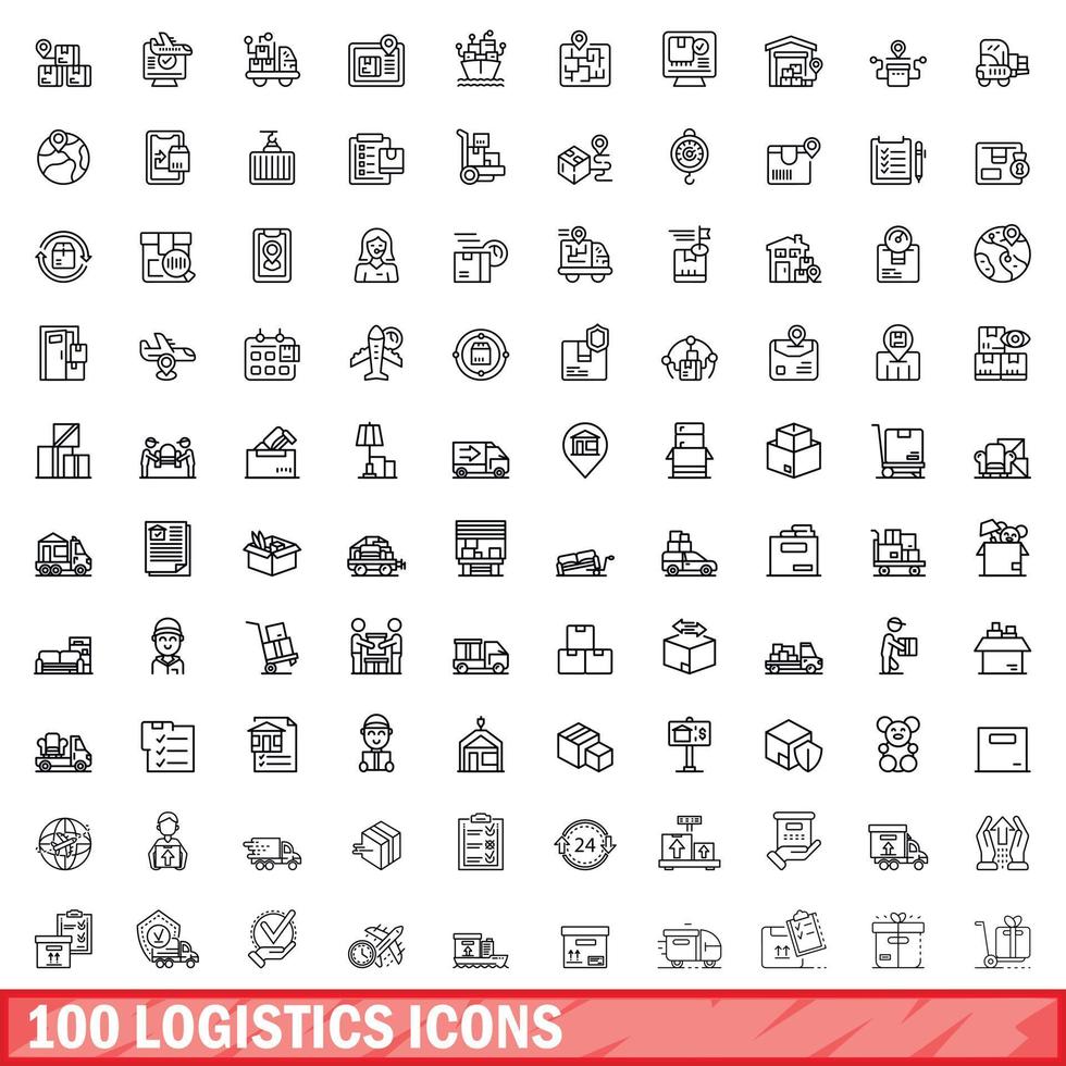 100 conjunto de iconos de logística, estilo de esquema vector