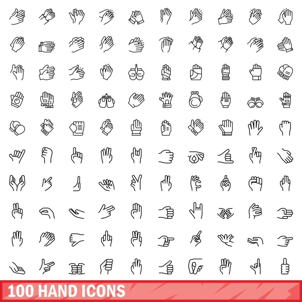 100 hand icons set, outline style vector