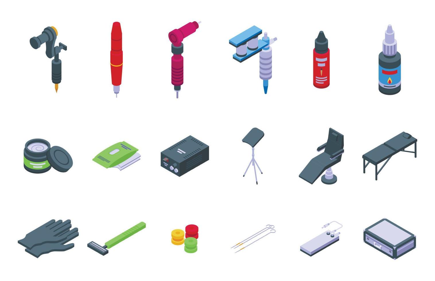 Tattoo equipment icons set isometric vector. Needle machine vector