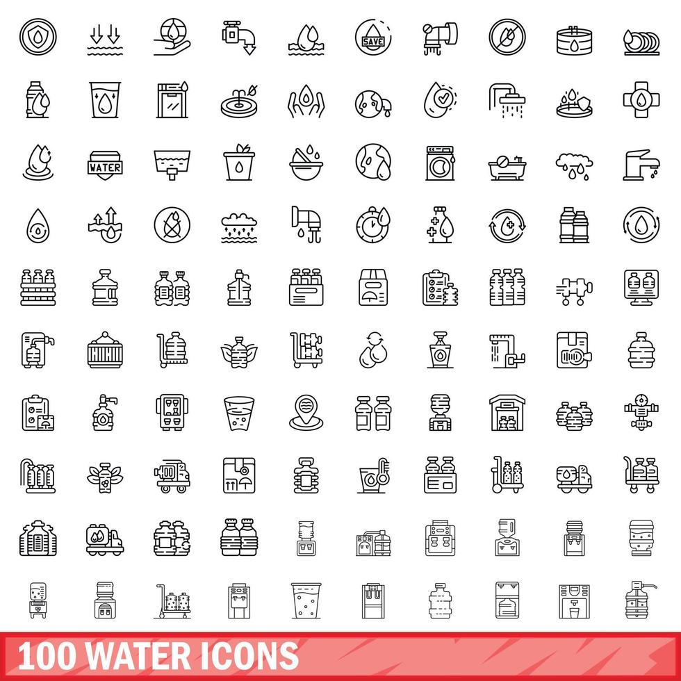 100 water icons set, outline style vector