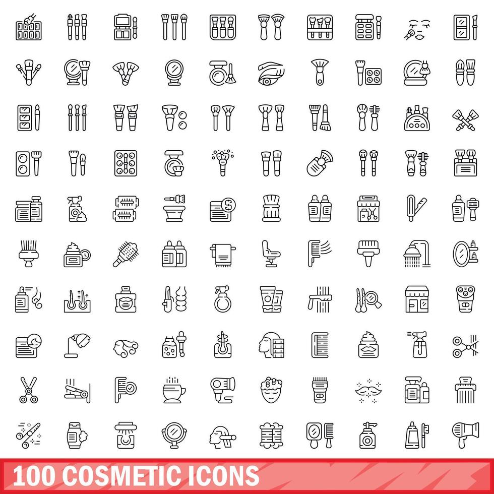 100 cosmetic icons set, outline style vector