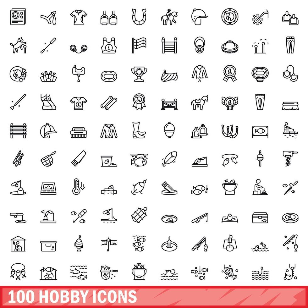 100 hobby icons set, outline style vector