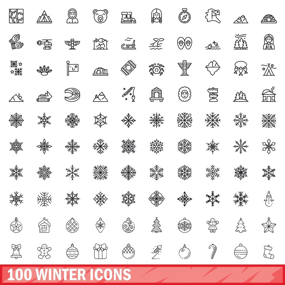 100 iconos de invierno, estilo de esquema vector