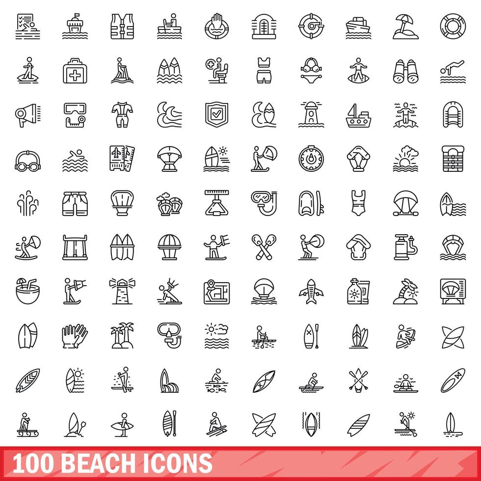 100 iconos de playa, estilo de esquema vector