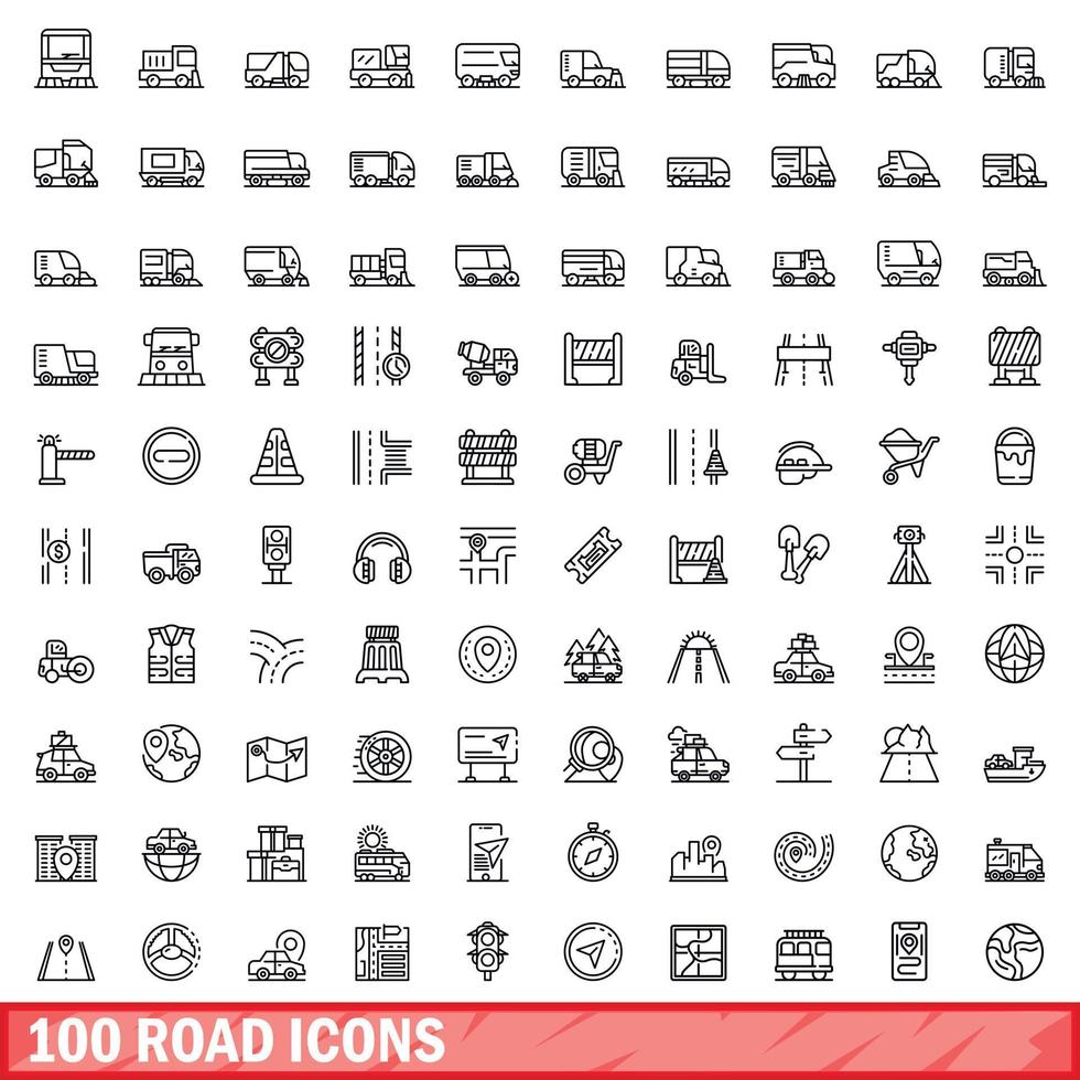 100 road icons set, outline style vector