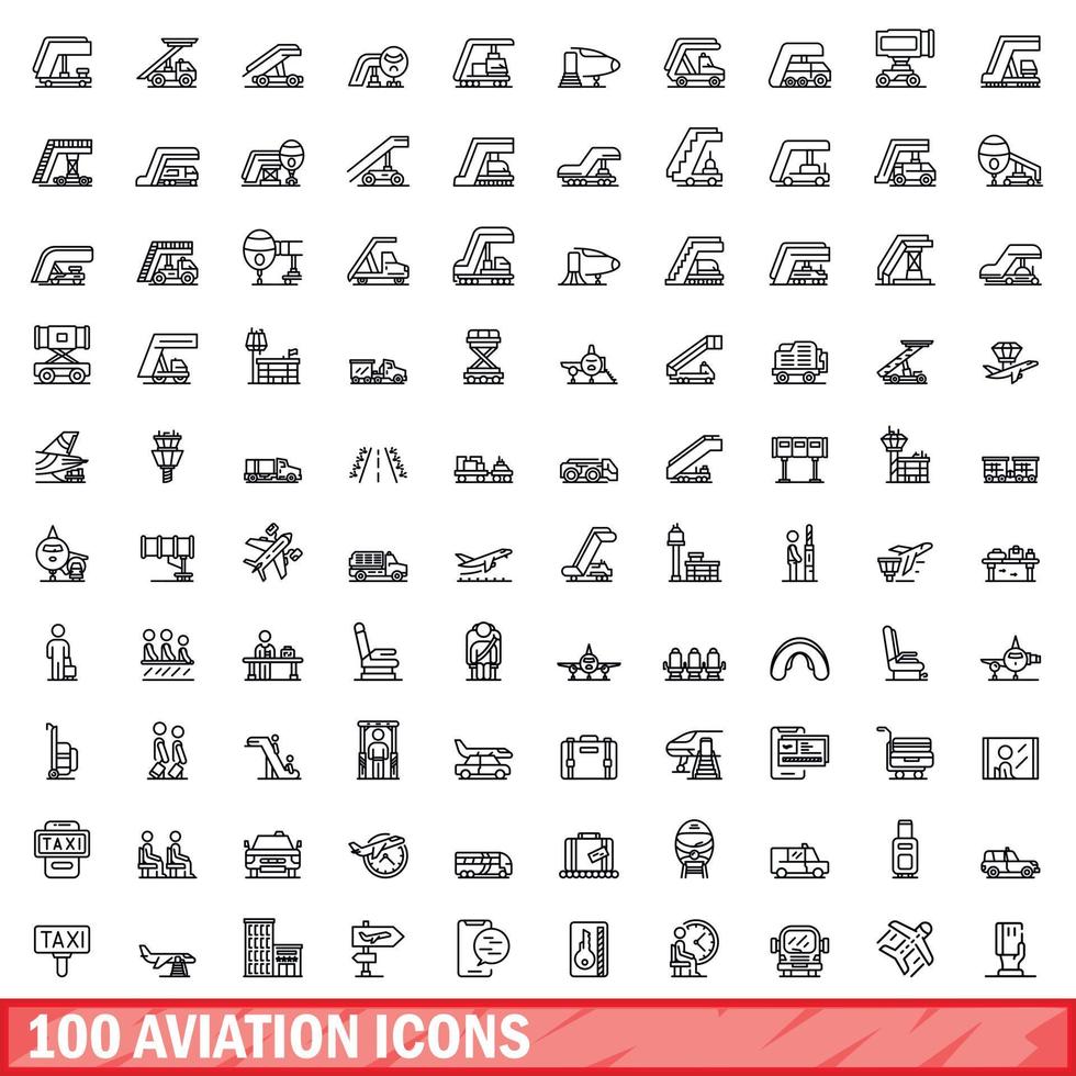 100 aviation icons set, outline style vector
