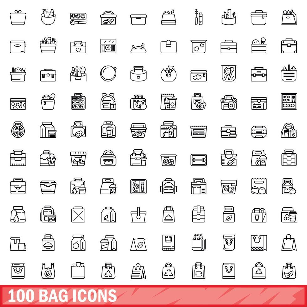 100 bag icons set, outline style vector