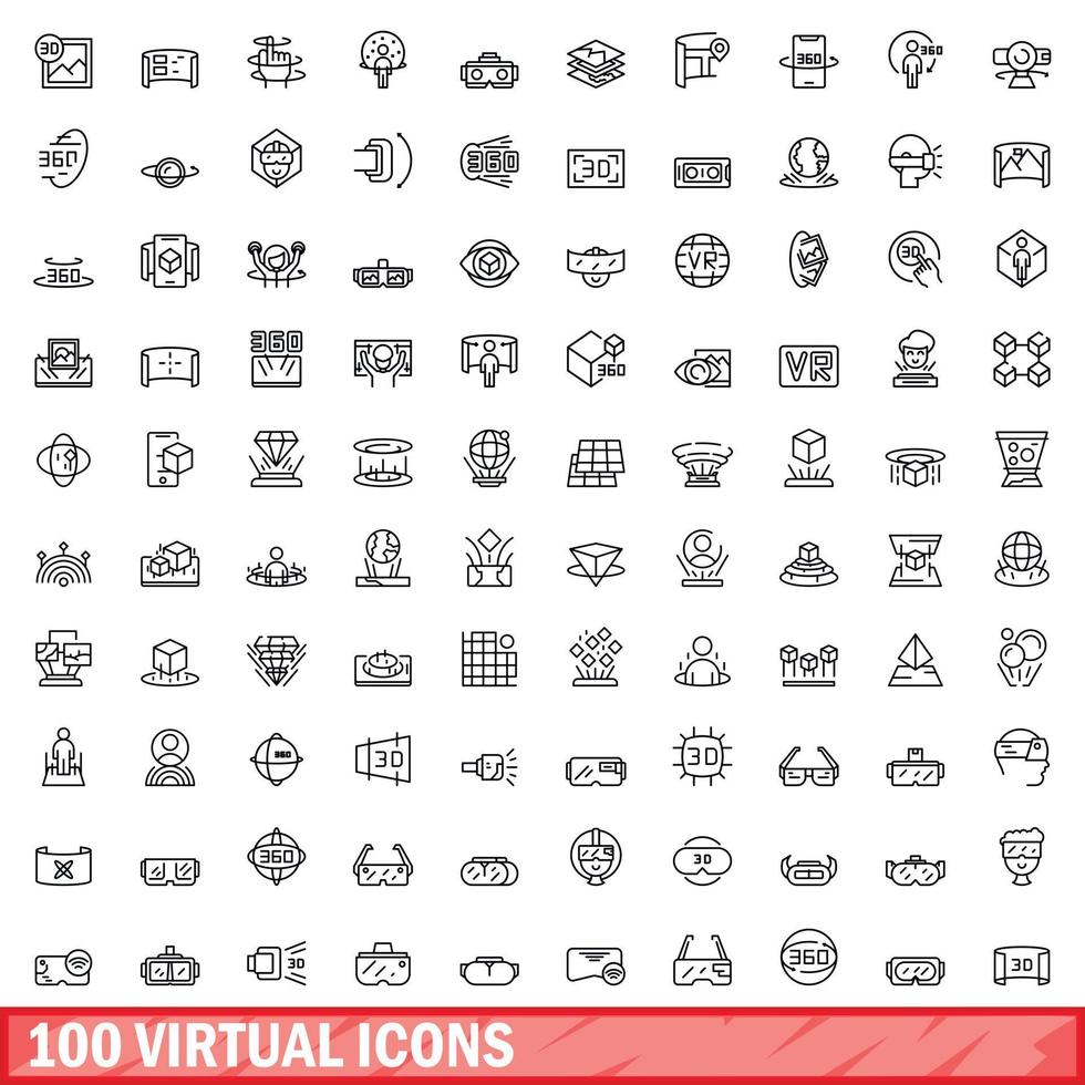 100 virtual icons set, outline style vector