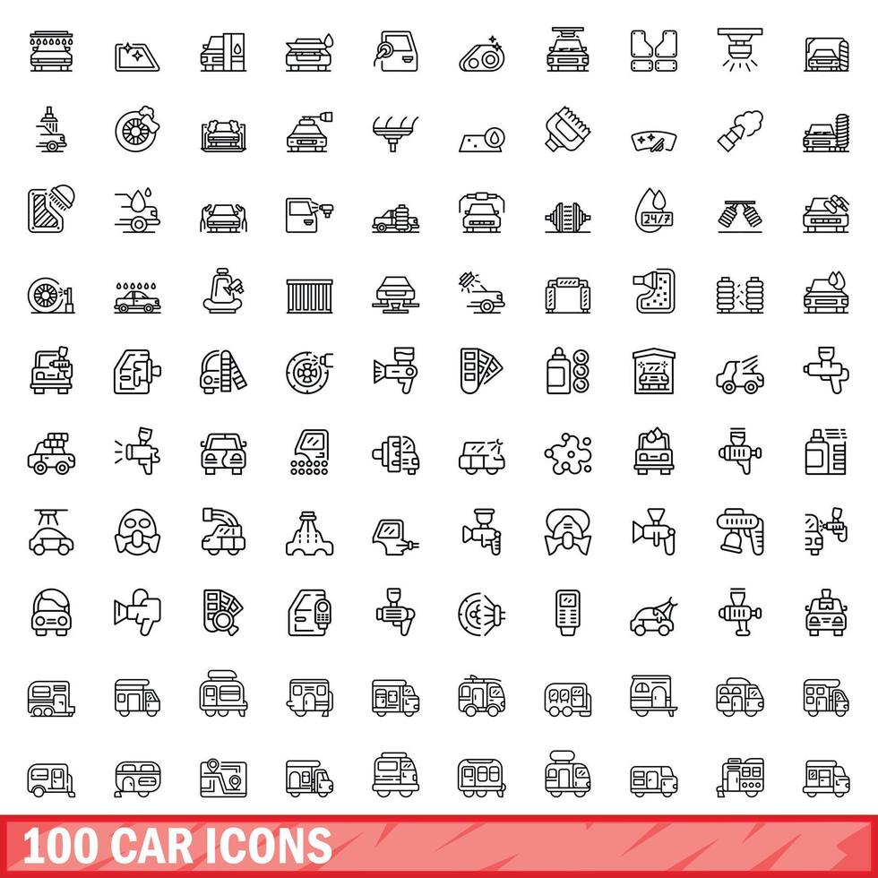 100 car icons set, outline style vector