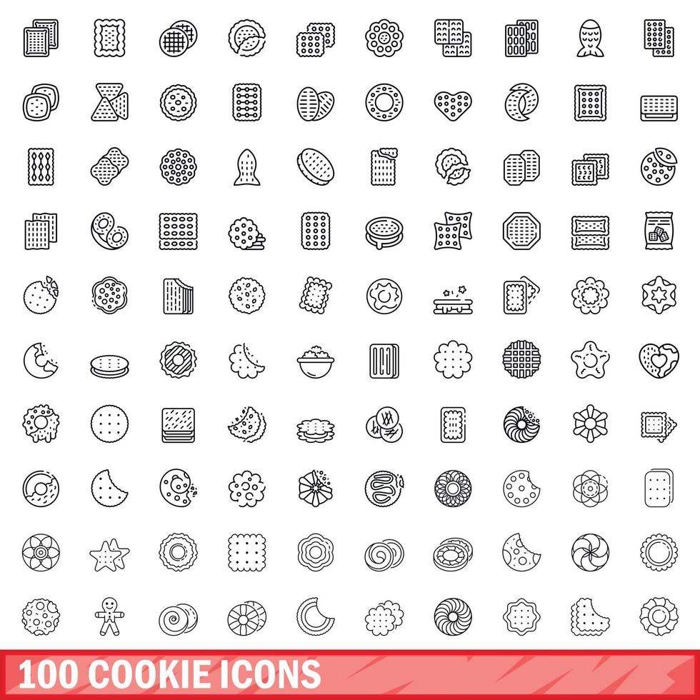 100 cookie icons set, outline style vector