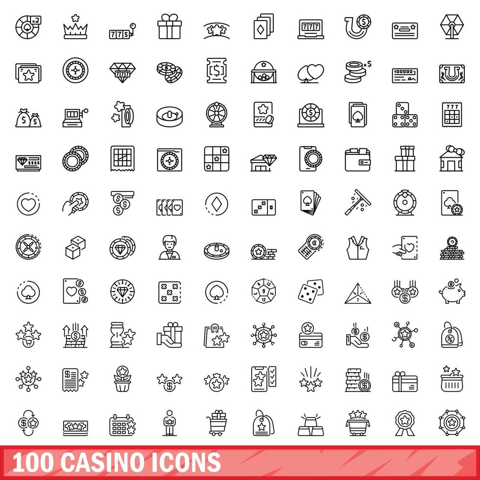 100 casino icons set, outline style vector