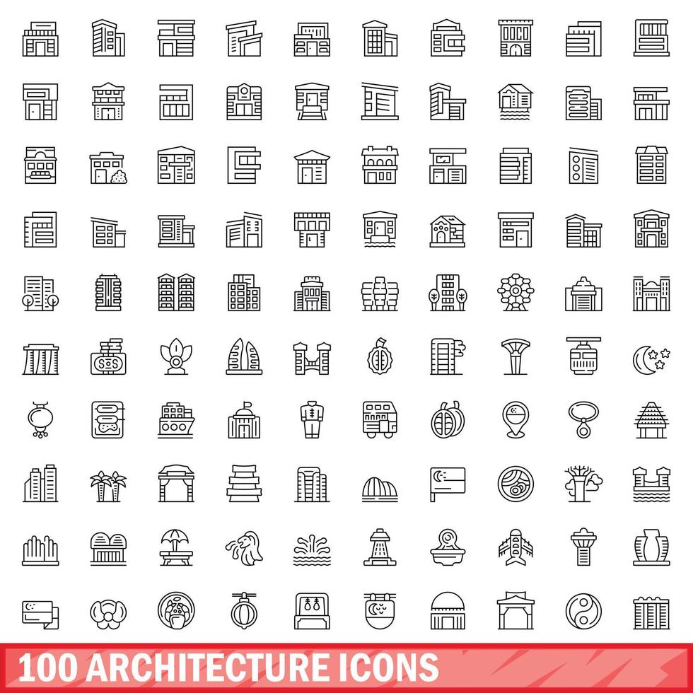 100 conjunto de iconos de arquitectura, estilo de contorno vector