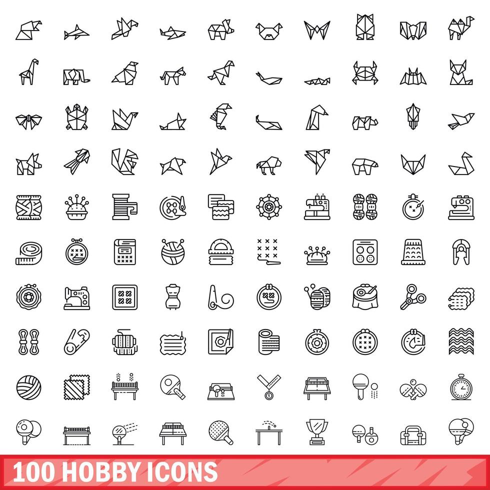 100 hobby icons set, outline style vector