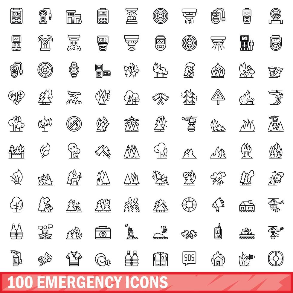 100 emergency icons set, outline style vector
