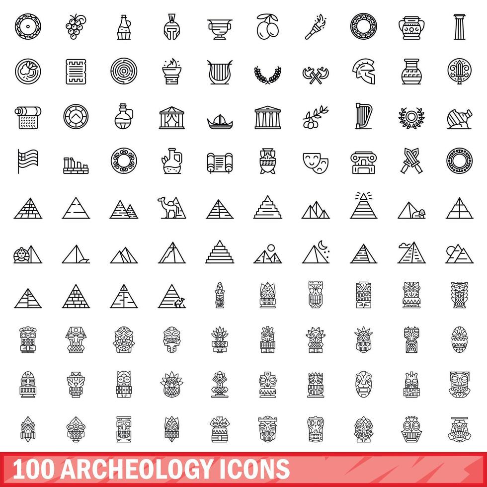 100 iconos de arqueología, estilo de esquema vector