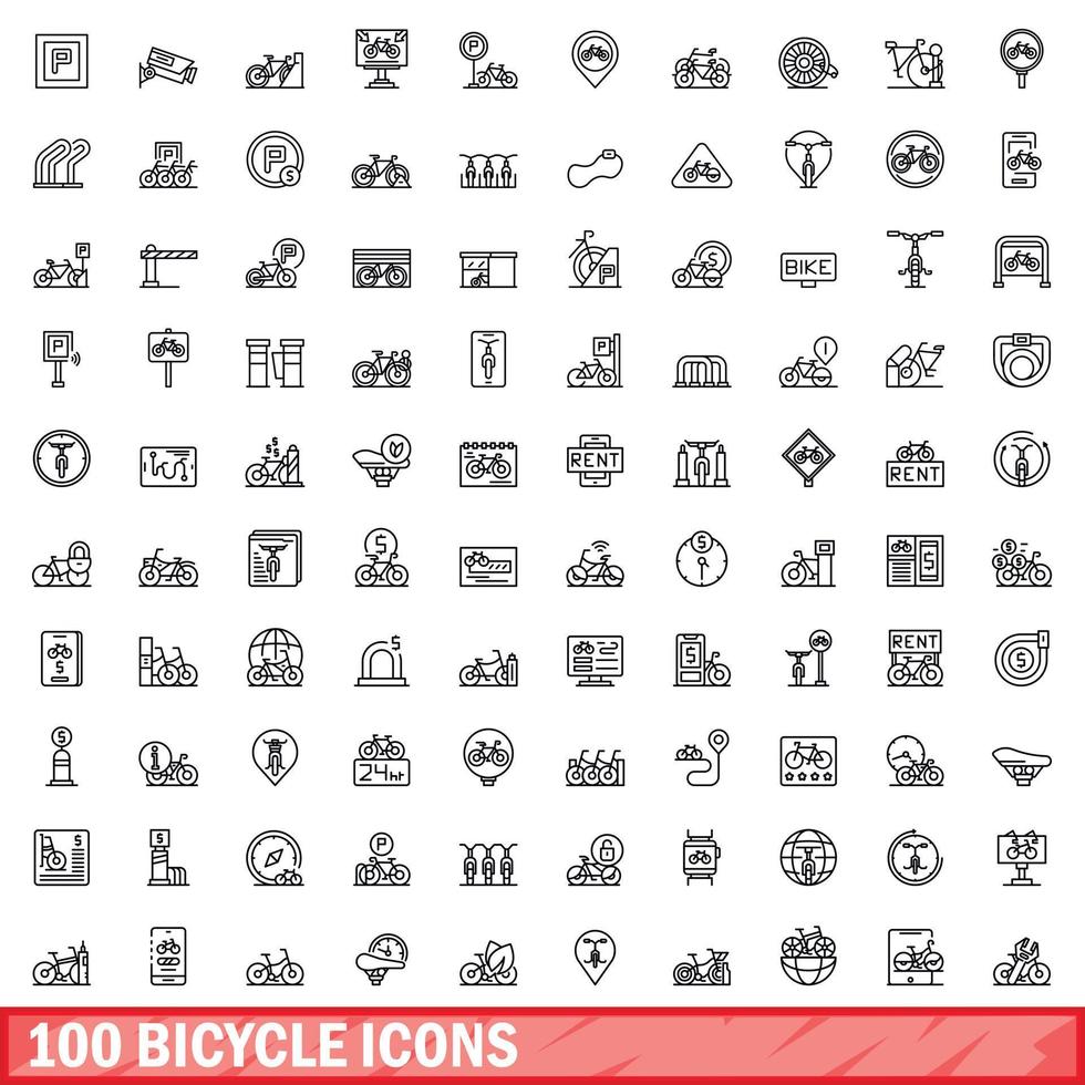 100 bicycle icons set, outline style vector