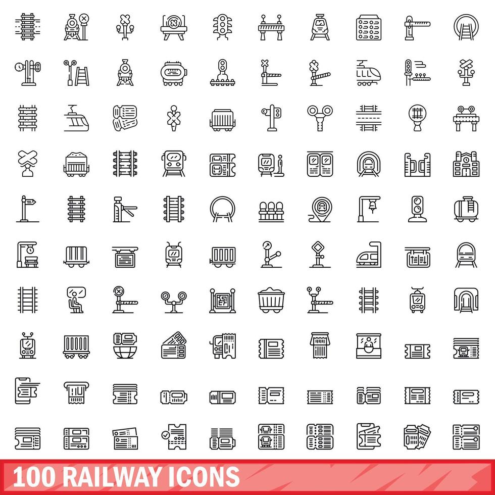 100 iconos ferroviarios establecidos, estilo de esquema vector