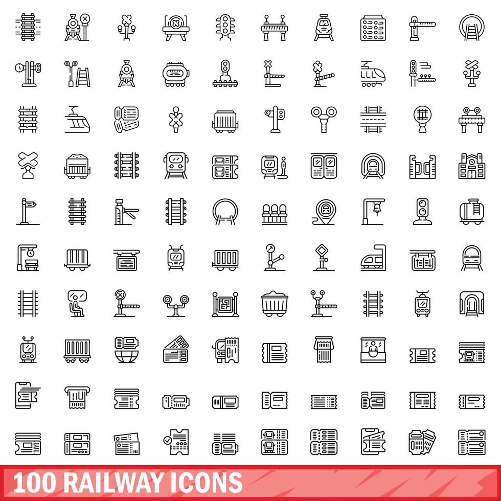 100 railway icons set, outline style vector