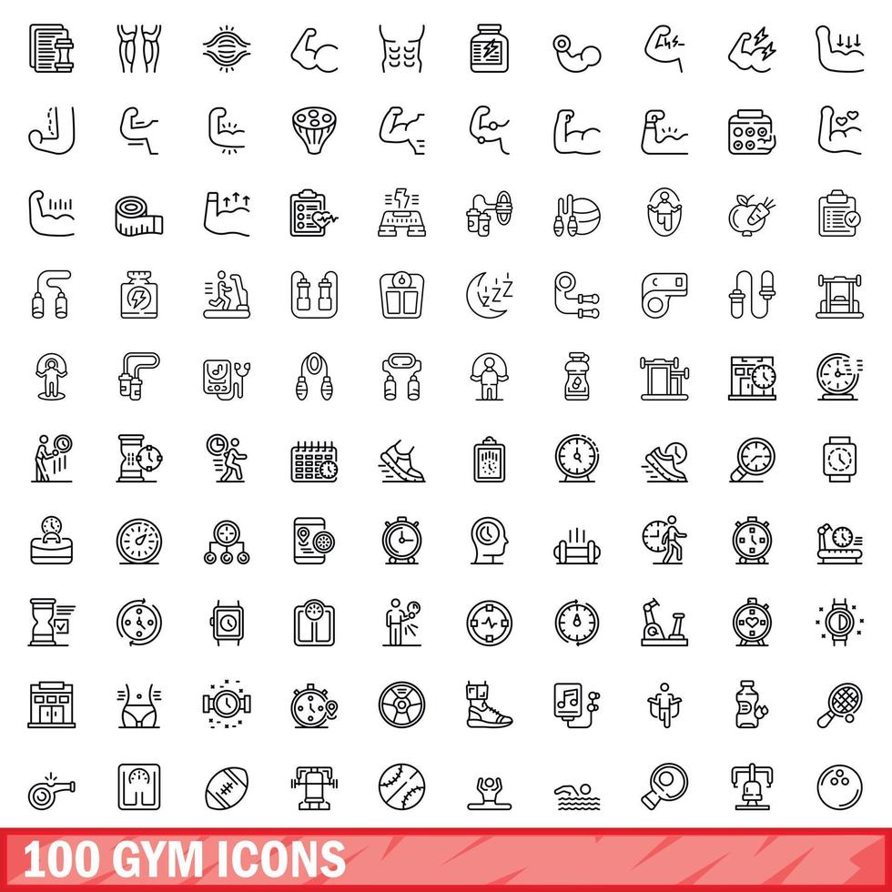100 gym icons set, outline style vector