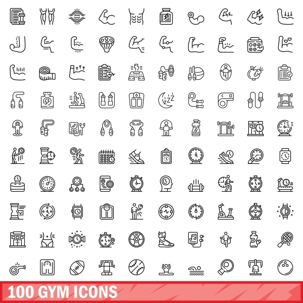 100 gym icons set, outline style vector