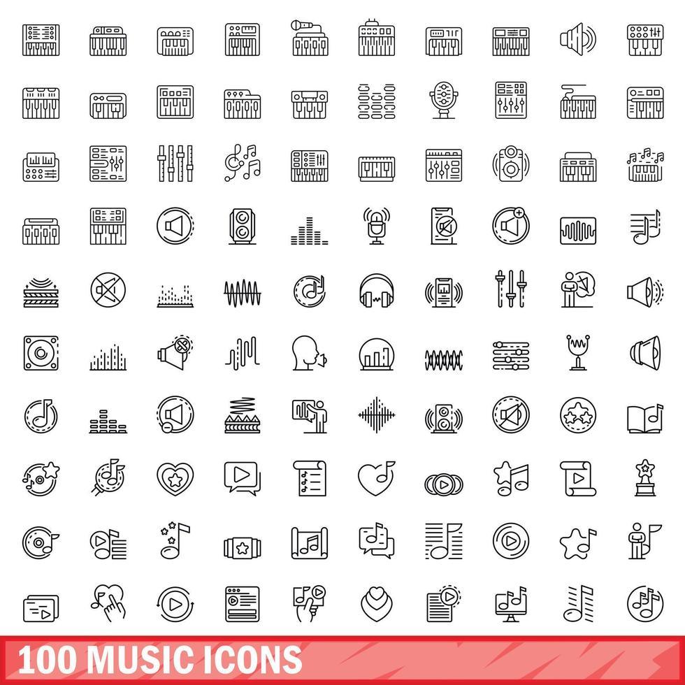 100 music icons set, outline style vector