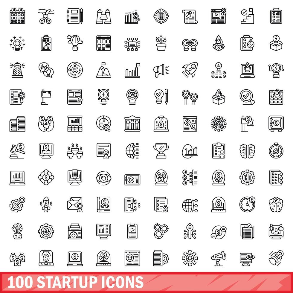 100 startup icons set, outline style vector