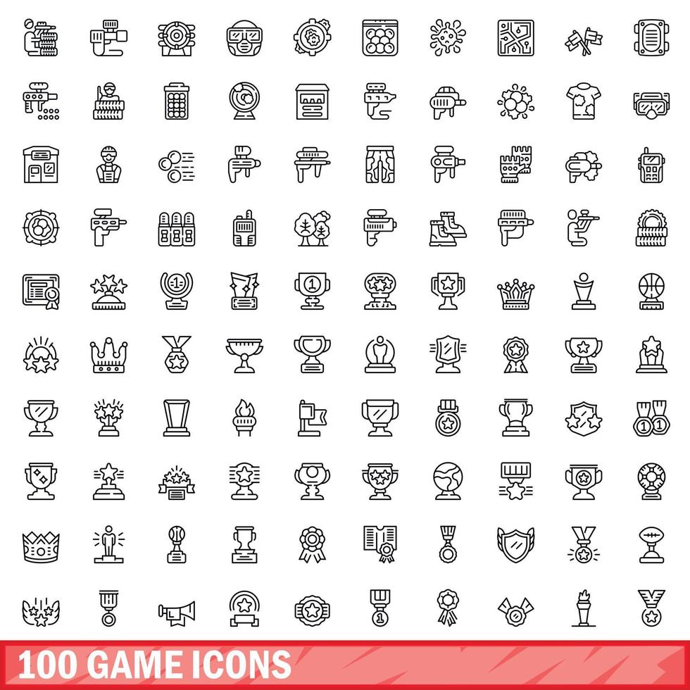 100 game icons set, outline style vector