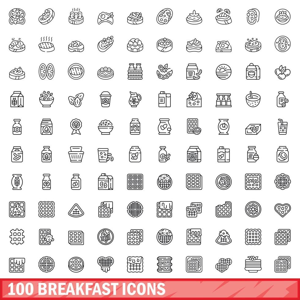 100 breakfast icons set, outline style vector