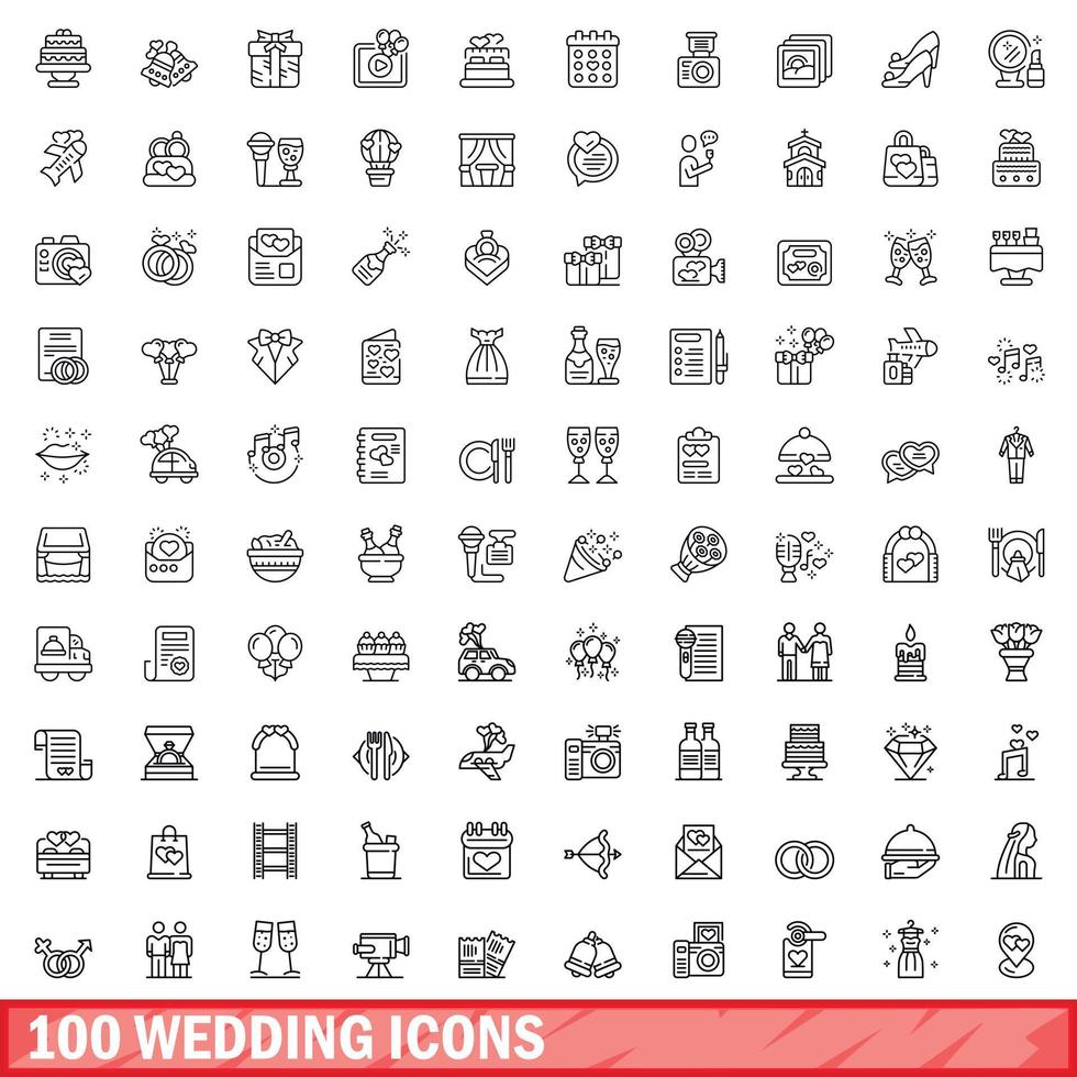 100 conjunto de iconos de boda, estilo de esquema vector