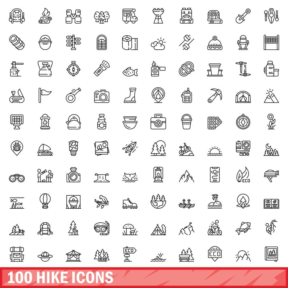 100 hike icons set, outline style vector