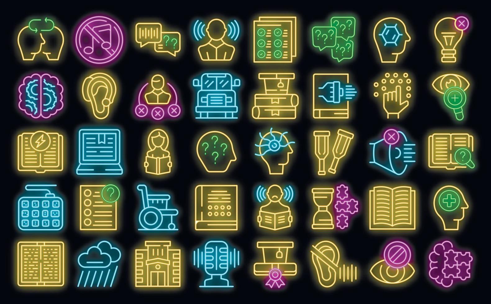 Learning disability icons set vector neon