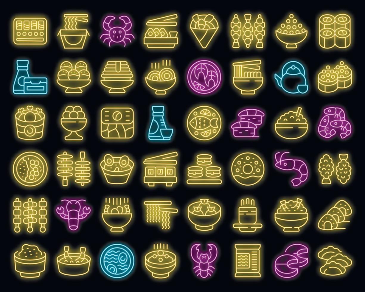 Japanese food icons set vector neon
