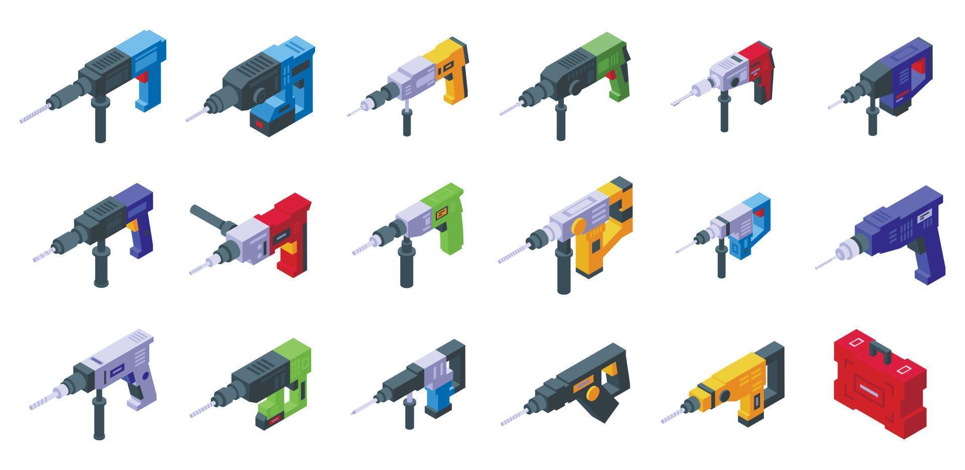 Electric hammer drill icons set isometric vector. Construction drill vector