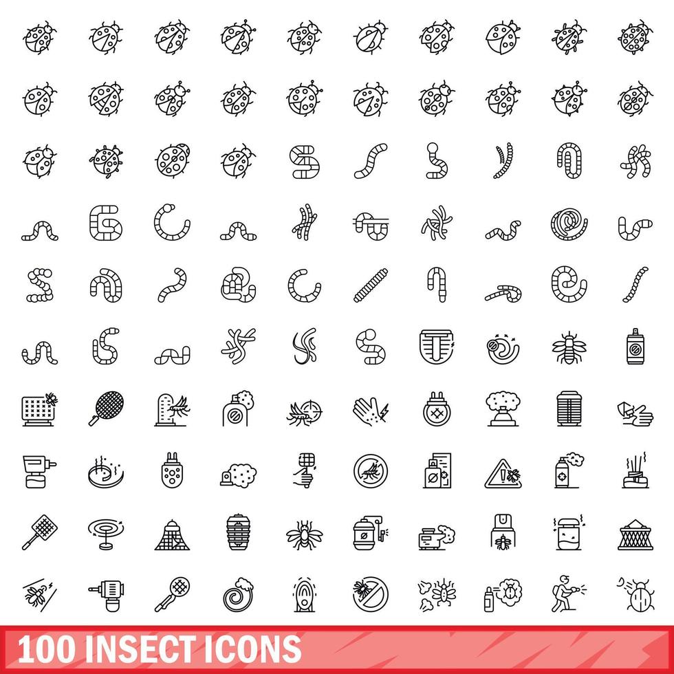 100 insect icons set, outline style vector