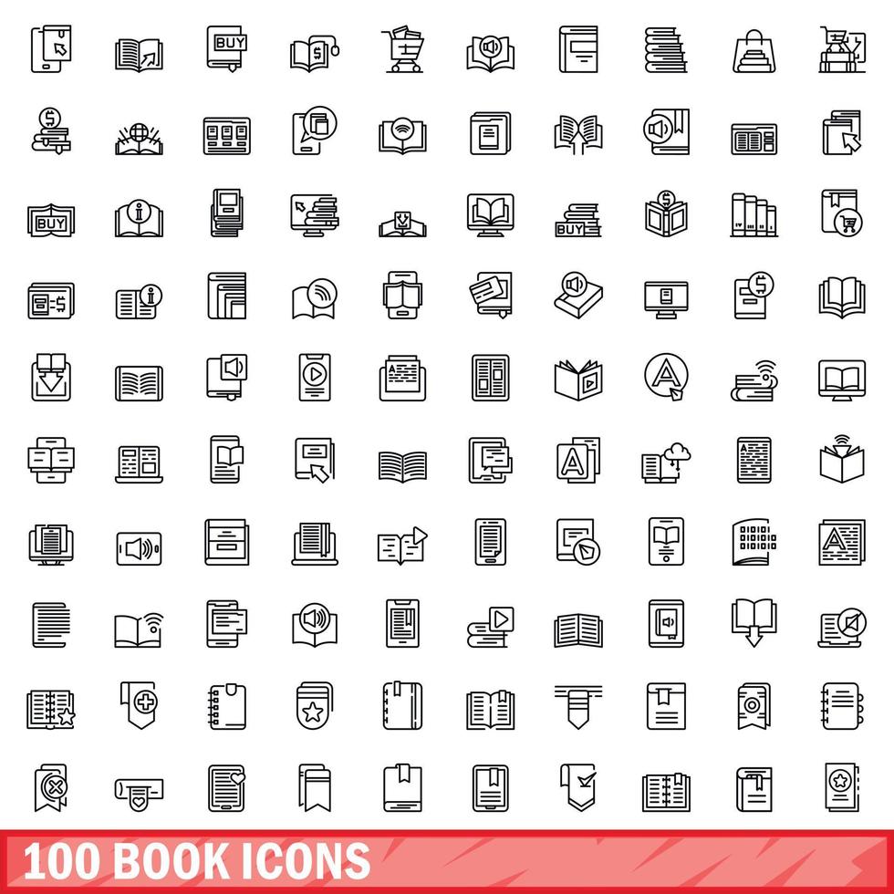 100 book icons set, outline style vector