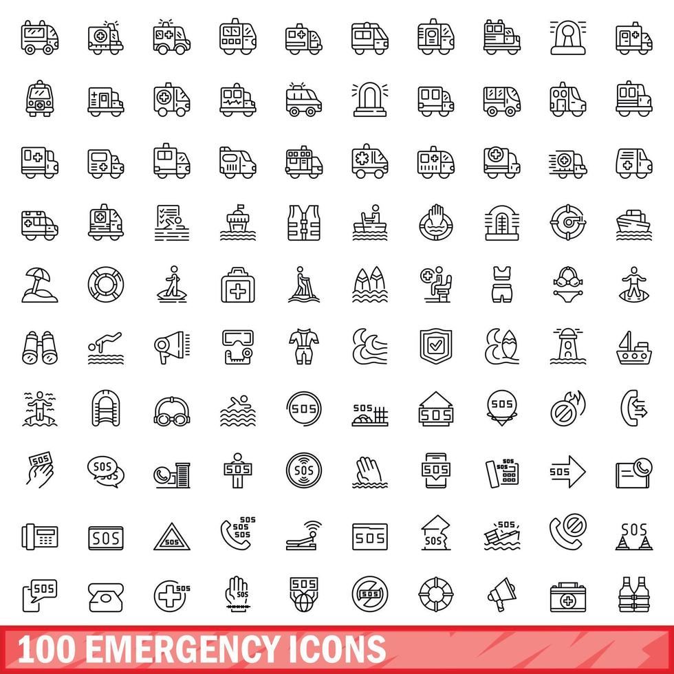 100 emergency icons set, outline style vector